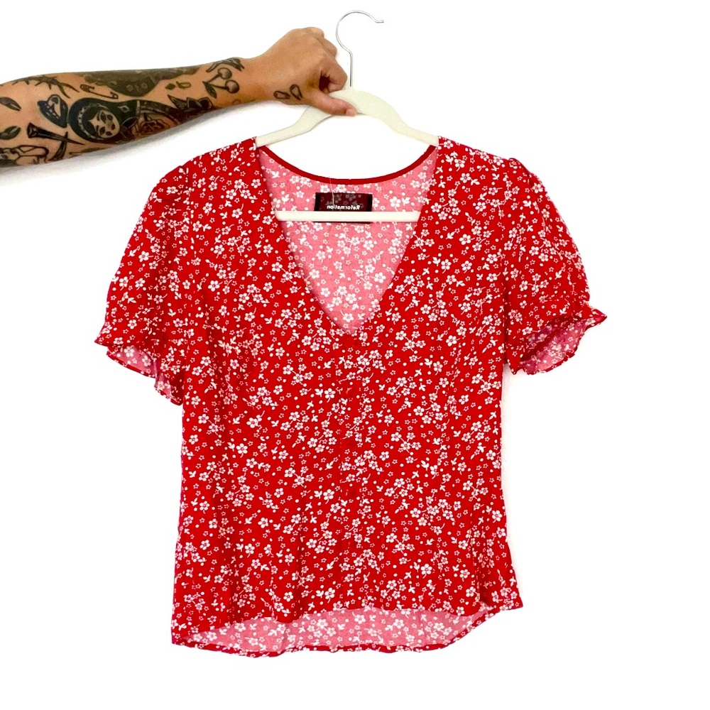 reformation floral capped sleeve top